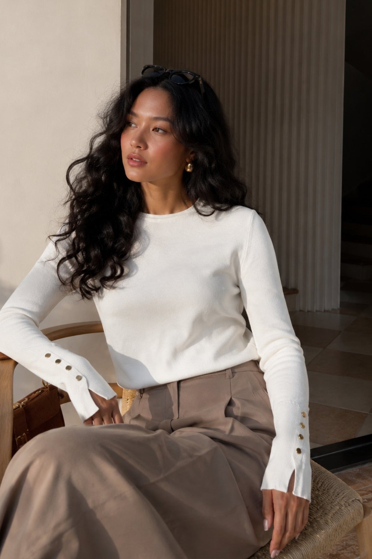 Button Detail Crew Neck Ecru Blouse