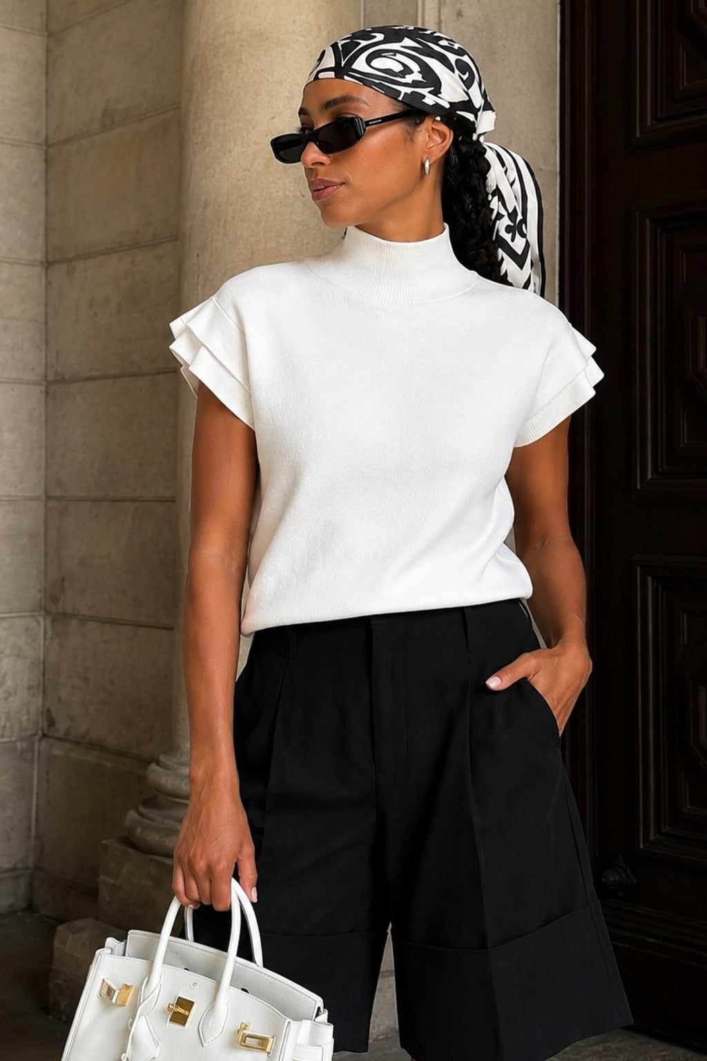 Turtleneck Sleeve Detail Textured Ecru Blouse