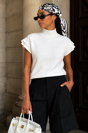 Turtleneck Sleeve Detail Textured Ecru Blouse
