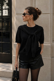 Shawl Detail Crew Neck Textured Black Blouse