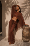 Wide Collar Crop Transparent Blouse High Waist Pants Brown Two-Piece Set