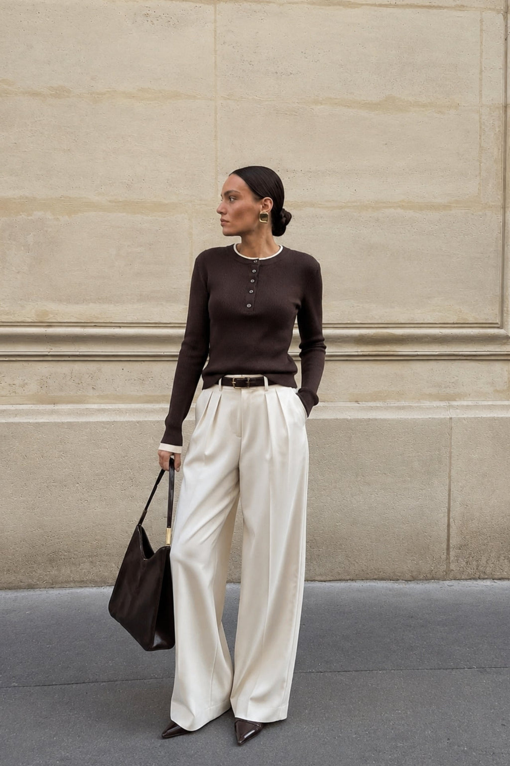 Button Detail Double-Collar Textured Brown Blouse