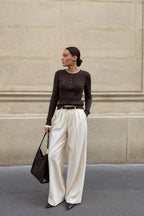 Button Detail Double-Collar Textured Brown Blouse
