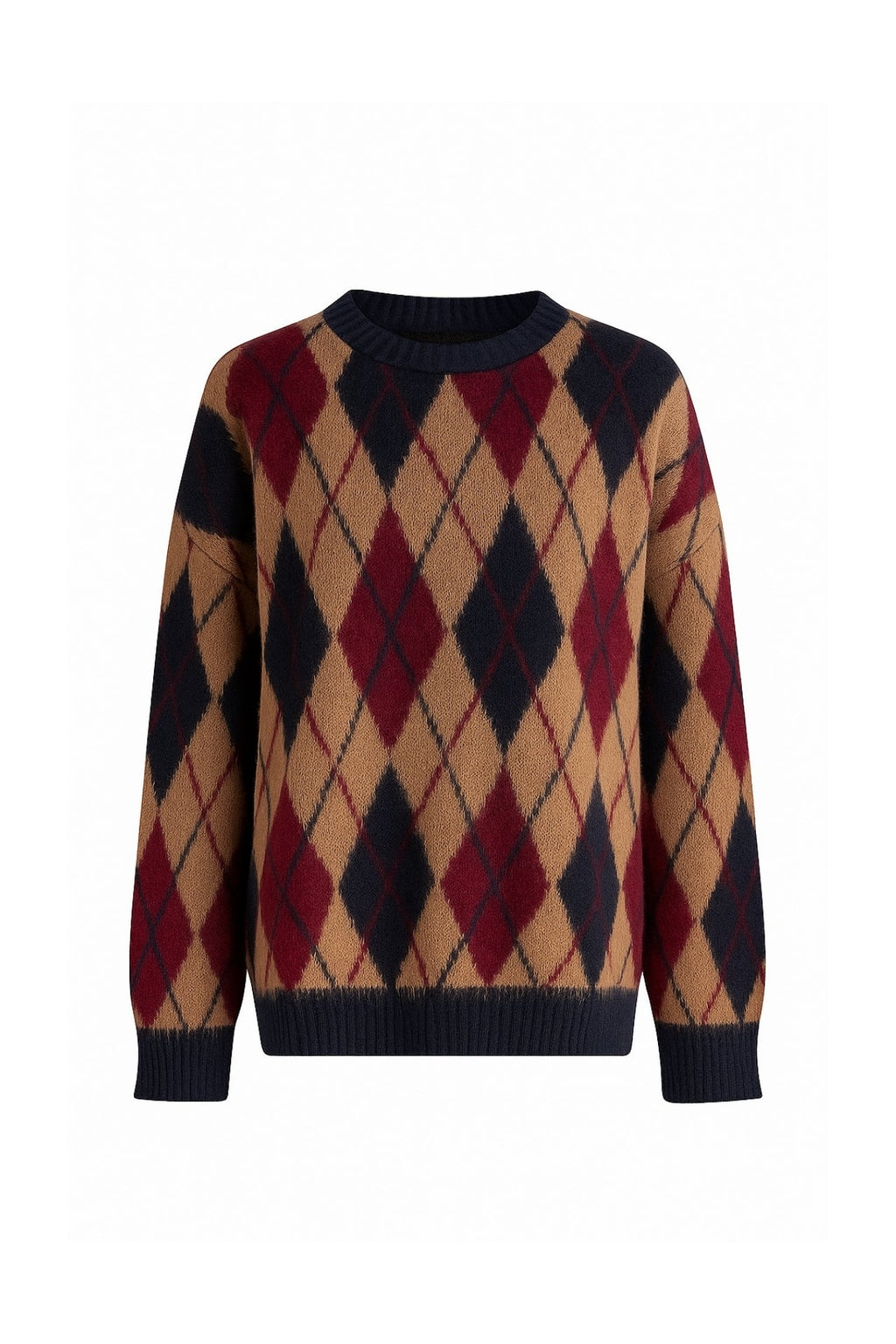Diamond Pattern Textured Crew Neck Beige Knit Sweater