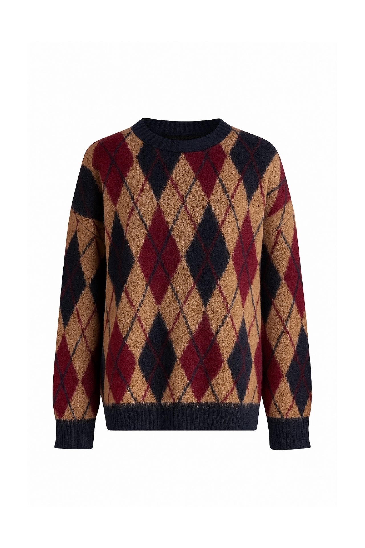Diamond Pattern Textured Crew Neck Beige Knit Sweater