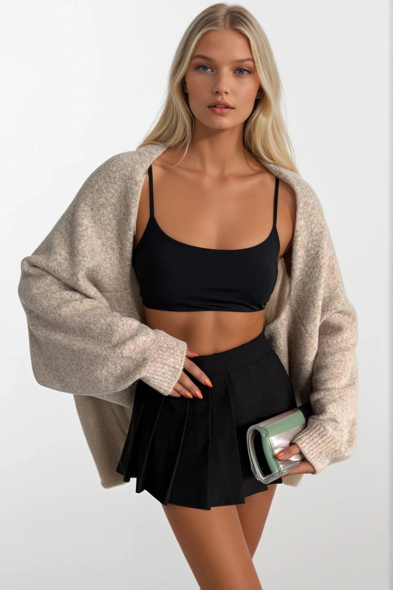 Wool Blend Balloon Sleeve Beige Knit Sweater