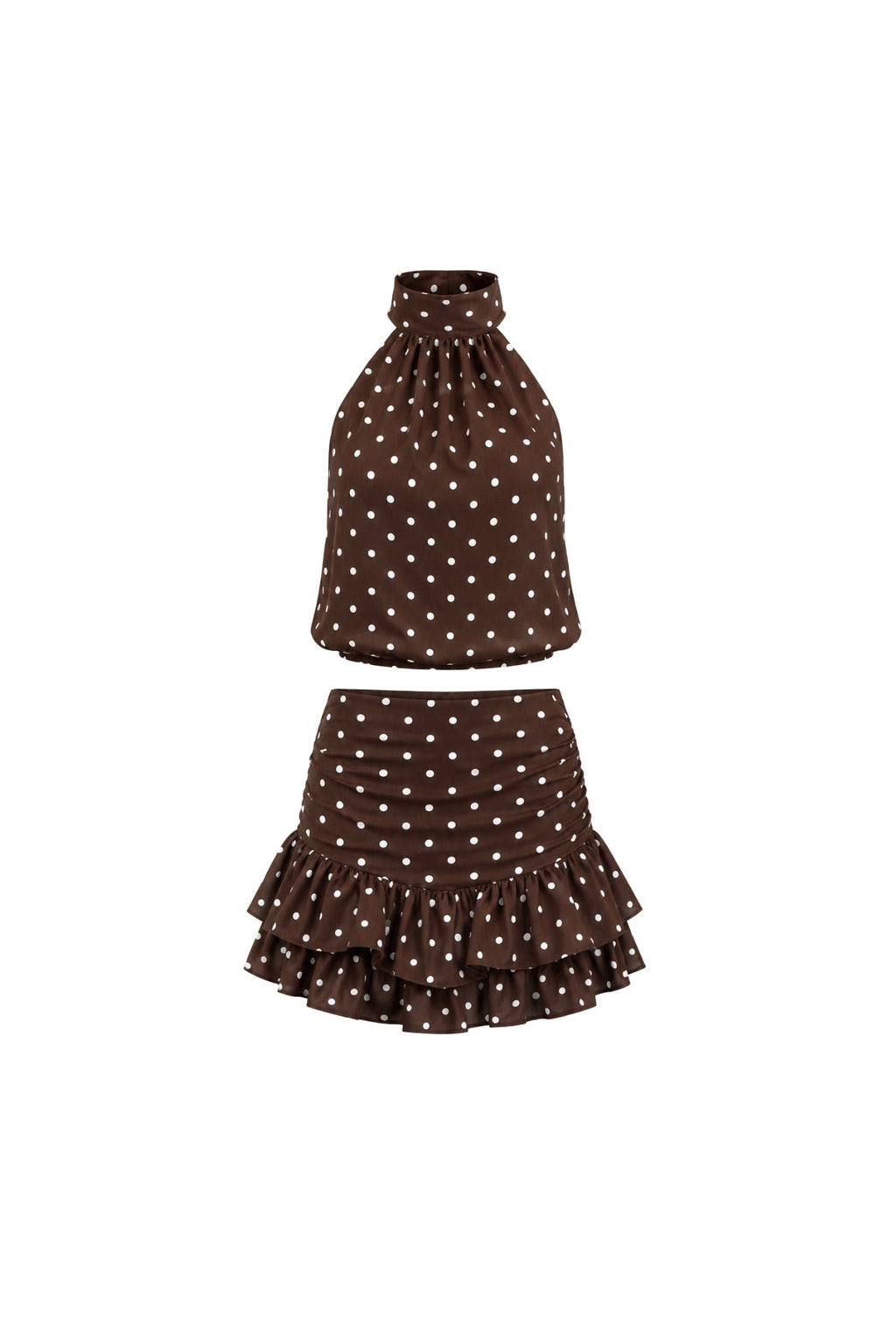 Polka Dot Pattern Turtleneck Sleeveless Blouse Ruffle Mini Skirt Brown Two-piece Set