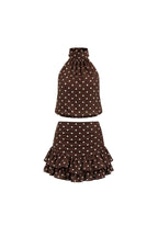 Polka Dot Pattern Turtleneck Sleeveless Blouse Ruffle Mini Skirt Brown Two-piece Set