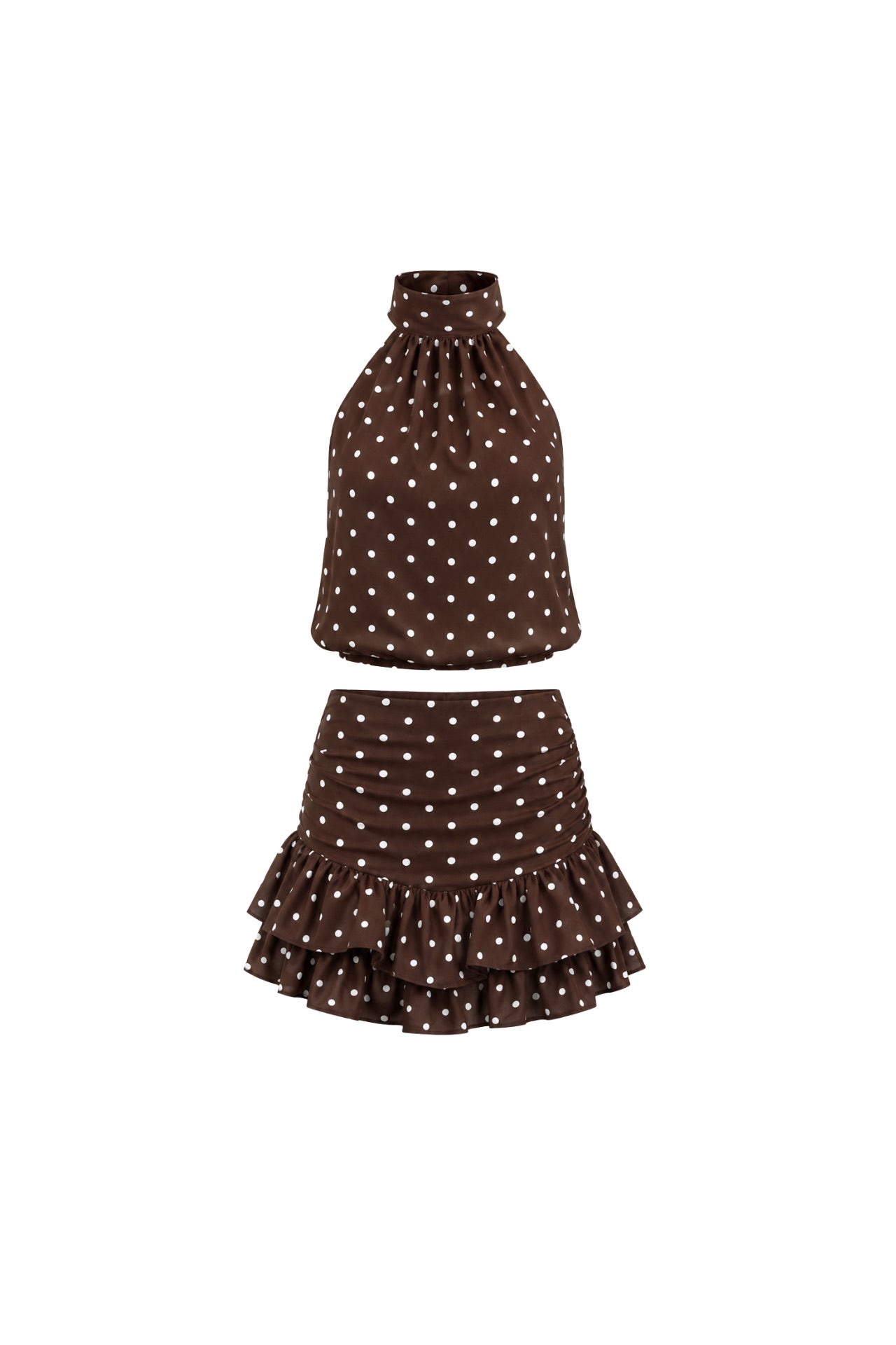 Polka Dot Pattern Turtleneck Sleeveless Blouse Ruffle Mini Skirt Brown Two-piece Set