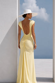Yellow Maxi Ruched Dress with Shoulder Pads and Slit