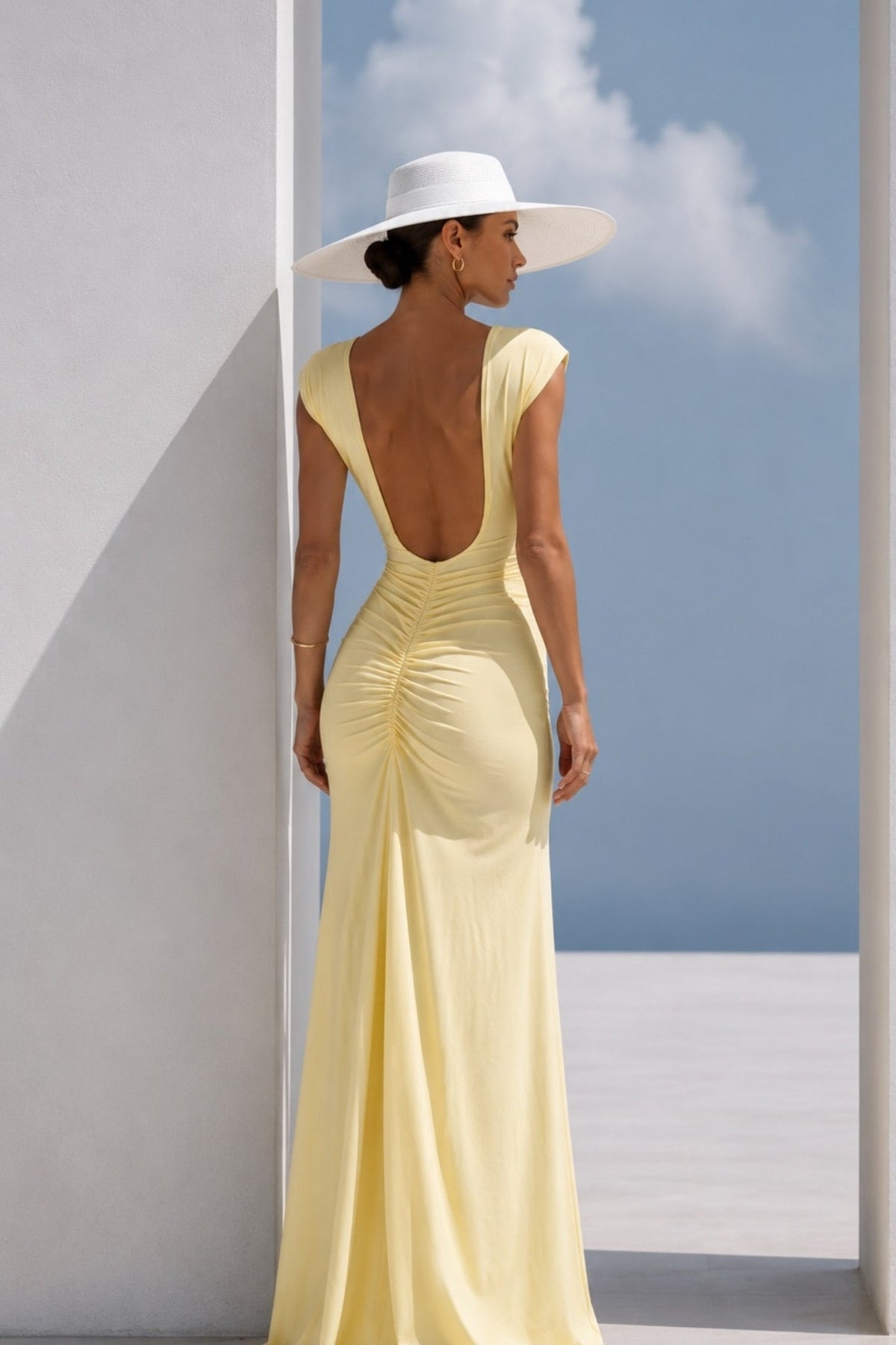 Yellow Maxi Ruched Dress with Shoulder Pads and Slit