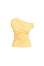 Asymmetrical Shoulder Detailed Yellow Blouse with Fitted Waist
