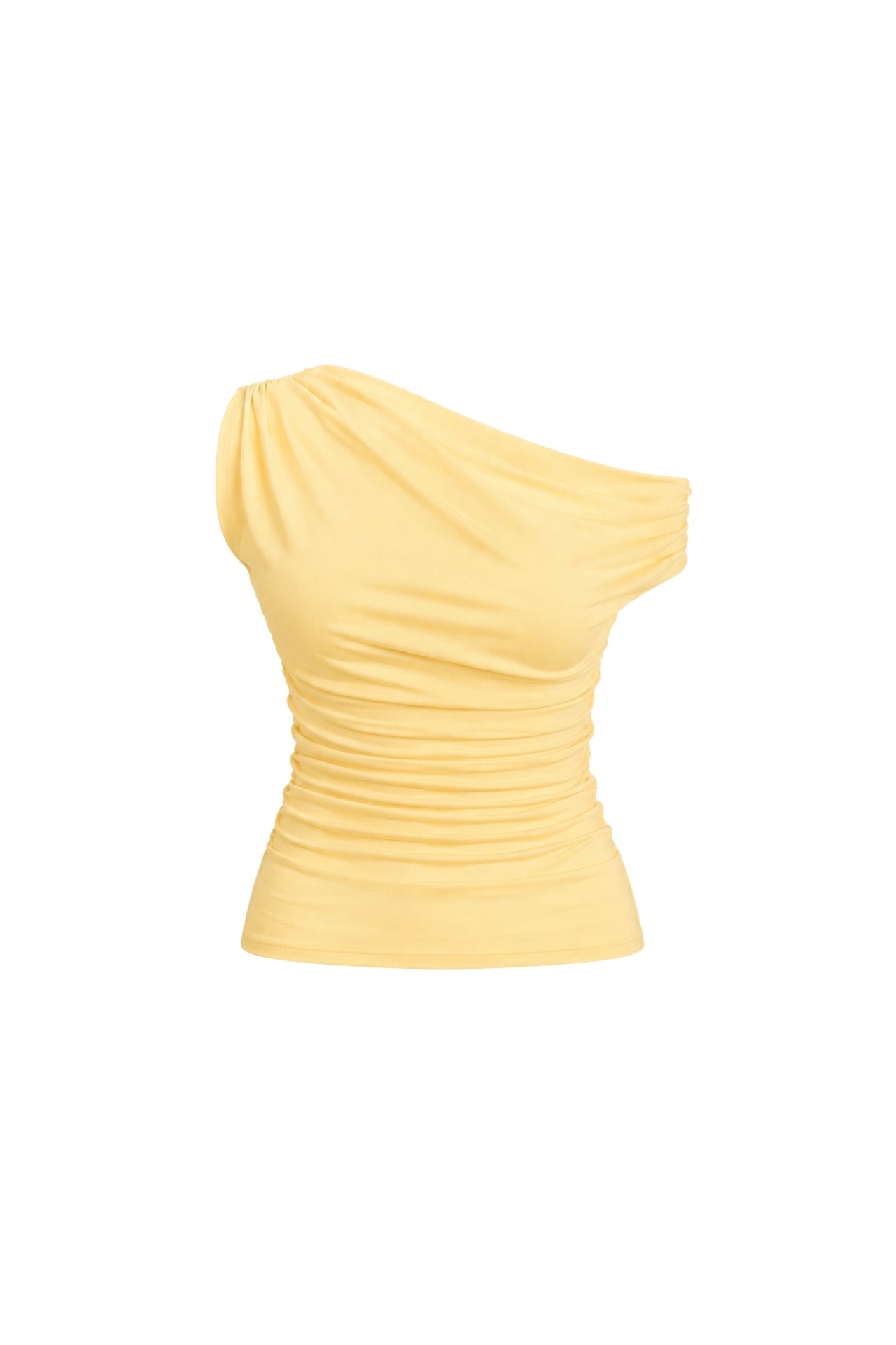 Asymmetrical Shoulder Detailed Yellow Blouse with Fitted Waist