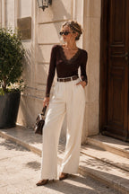 Lace Detail V-Neck Brown Transparan Blouse