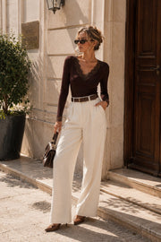 Brown Transparent V-Neck Blouse with Lace Detail