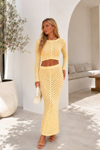 Knit Pattern Crop Blouse Maxi Skirt İkili Yellow Knit Set