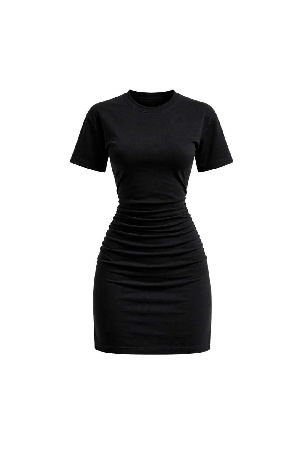 Waist-Fitted Ruched Black Mini Dress