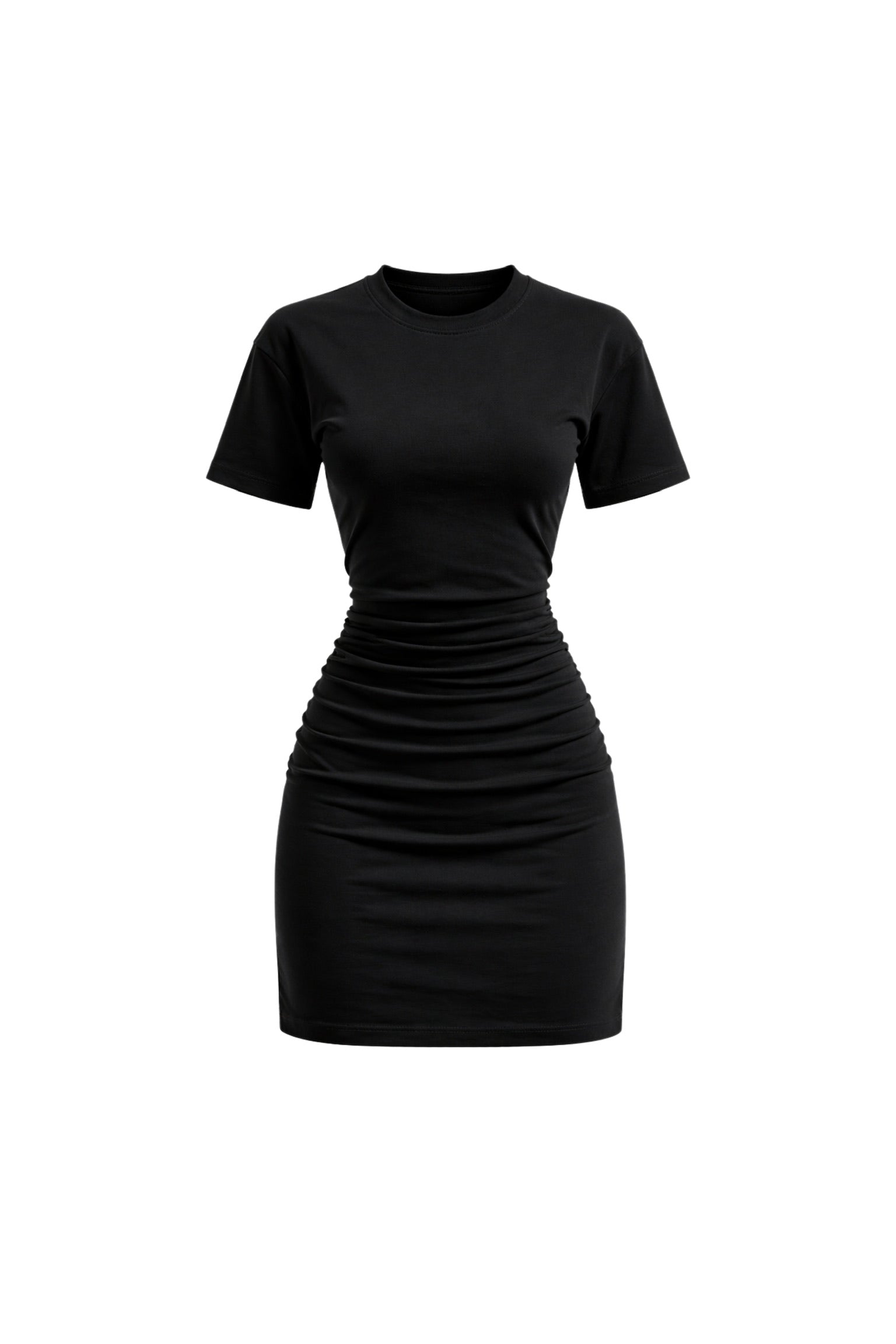 Waist-Fitted Ruched Black Mini Dress