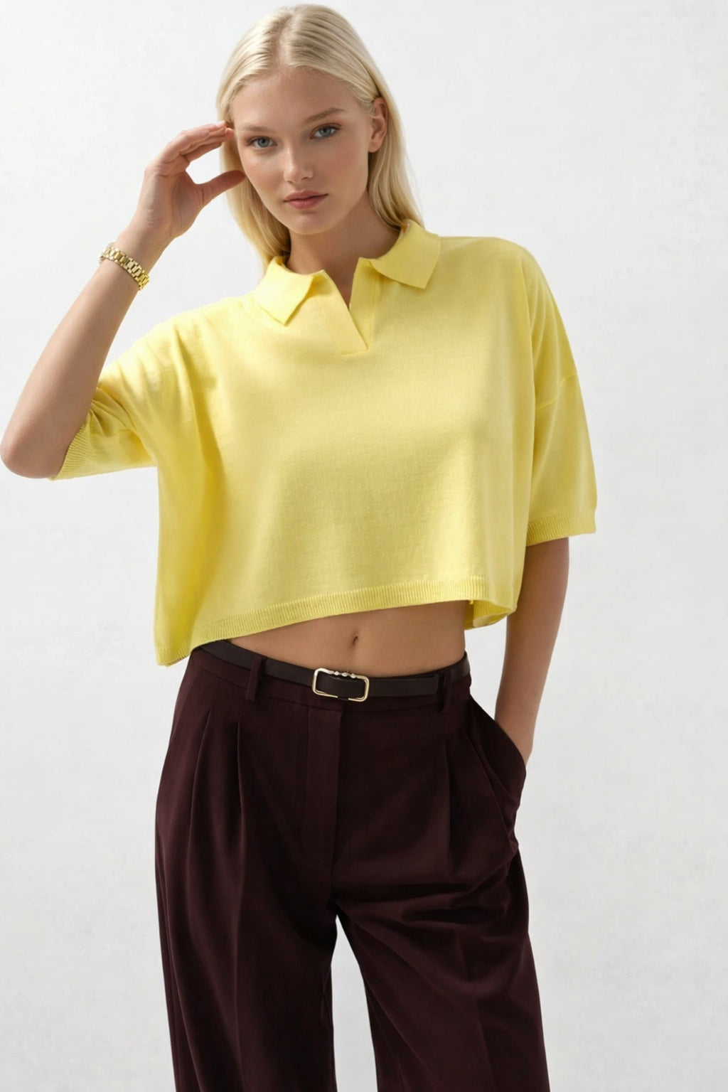 Polo Collar Textured Crop Yellow Blouse