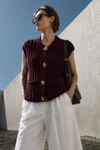 Button Detail Pocketed Burgundy Knit Waistcoat