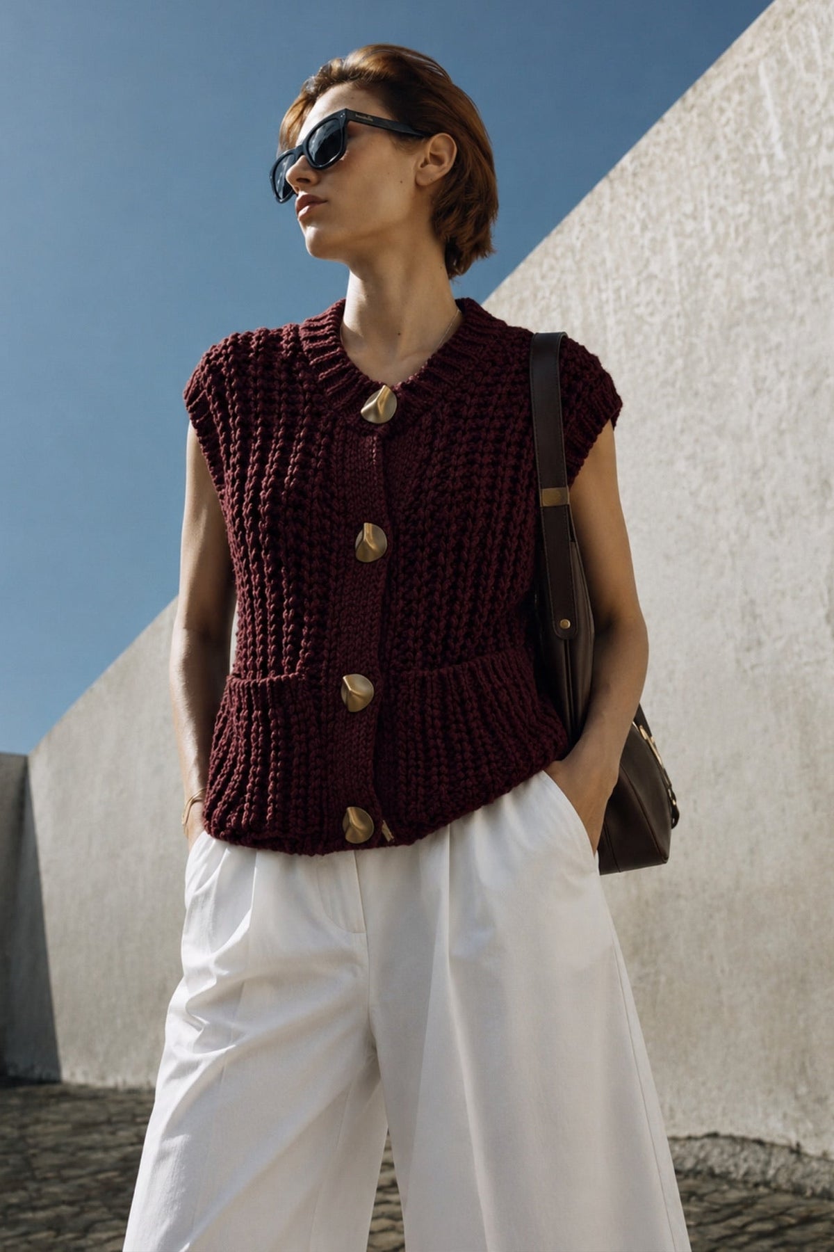 Button Detail Pocketed Burgundy Knit Waistcoat