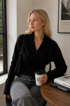 V-Neck Waist Fitted Black Knitwear Sweater