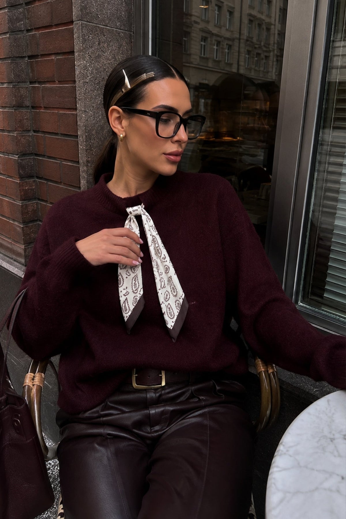 Fular Detail Textured Burgundy Knit Kazak