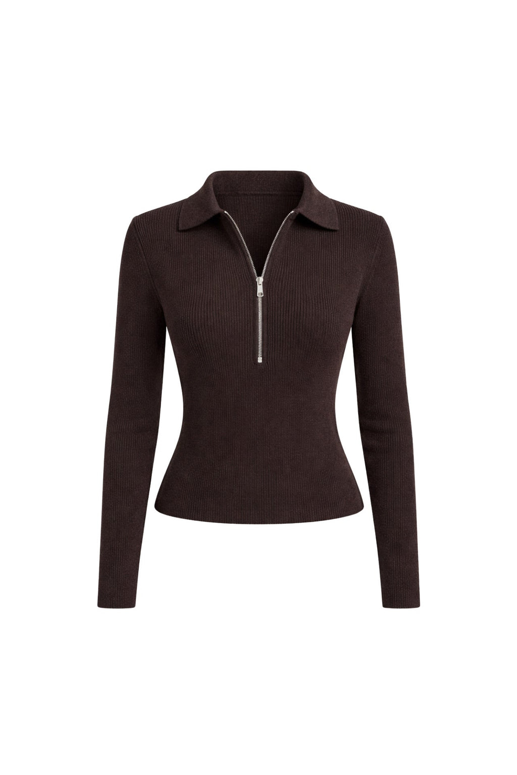 Polo Collar Zipper Detail Brown Knit Blouse