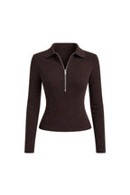 Polo Collar Zipper Detail Brown Knit Blouse