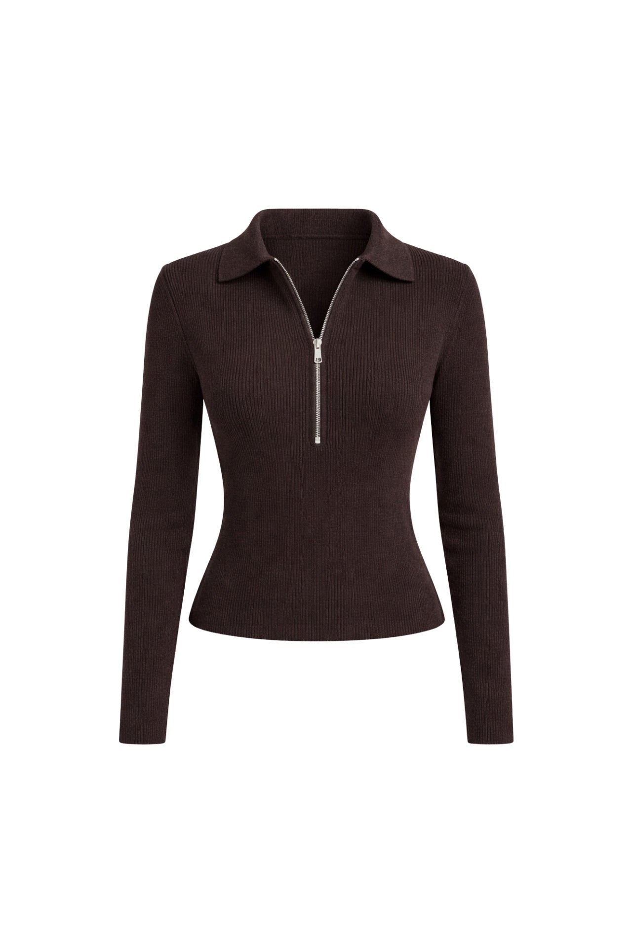 Polo Collar Zipper Detail Brown Knit Blouse