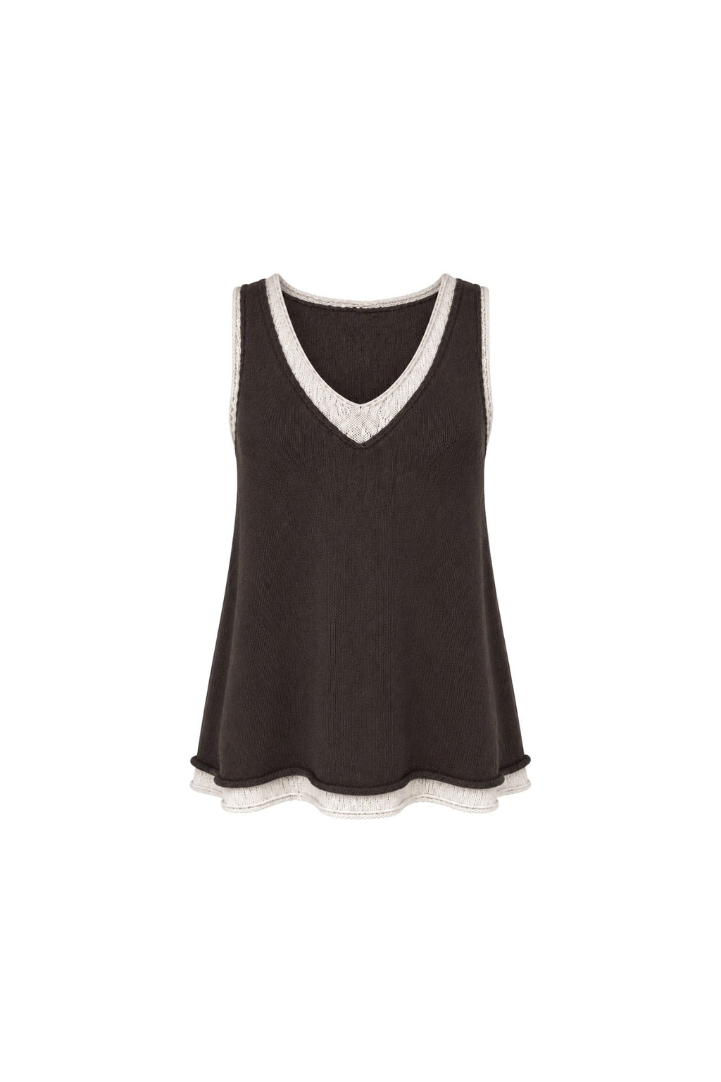 Brown Knitted Blouse with V-Neck Double Collar