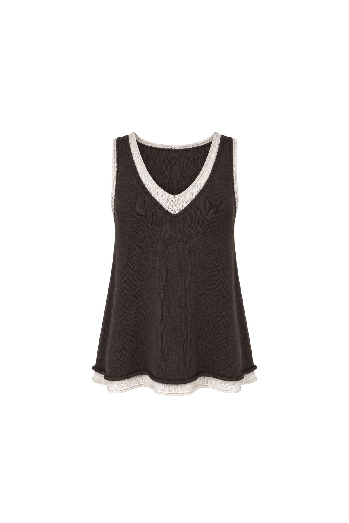 Brown Knitted Blouse with V-Neck Double Collar