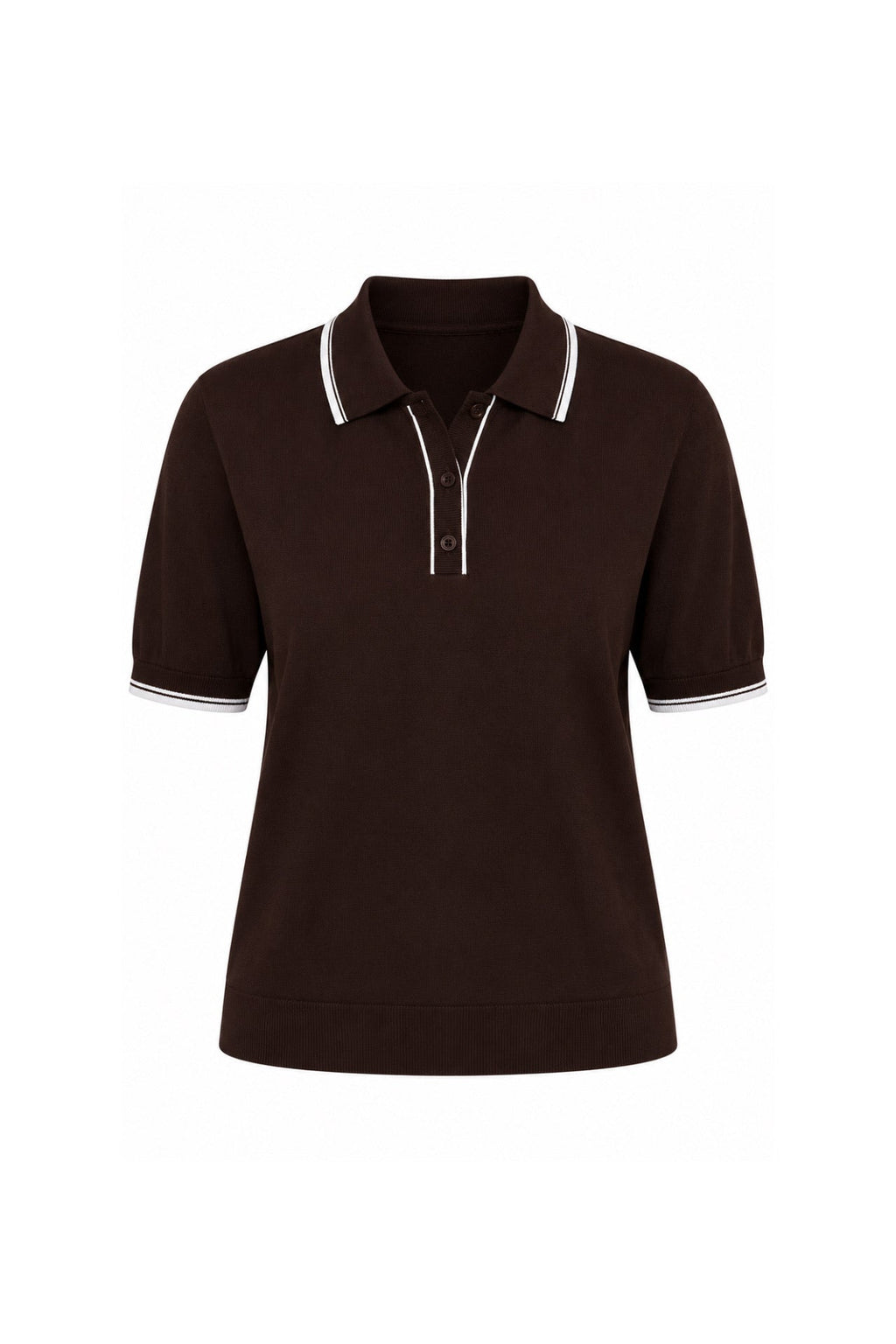 Stripe Detail Polo Neck Buttoned Brown Knitwear Blouse
