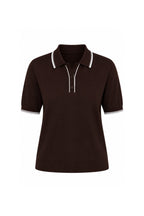 Stripe Detail Polo Neck Buttoned Brown Knitwear Blouse