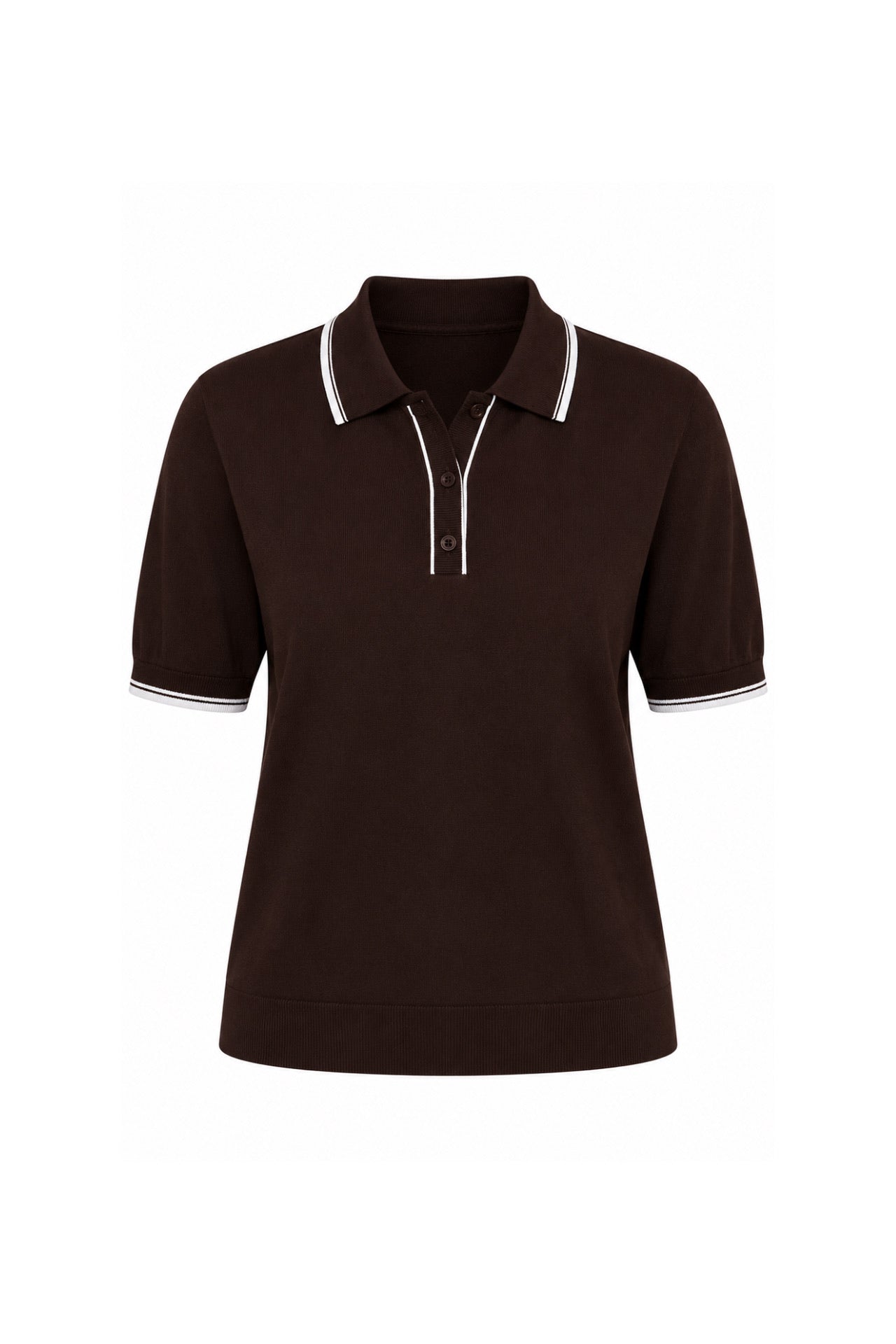 Stripe Detail Polo Neck Buttoned Brown Knitwear Blouse