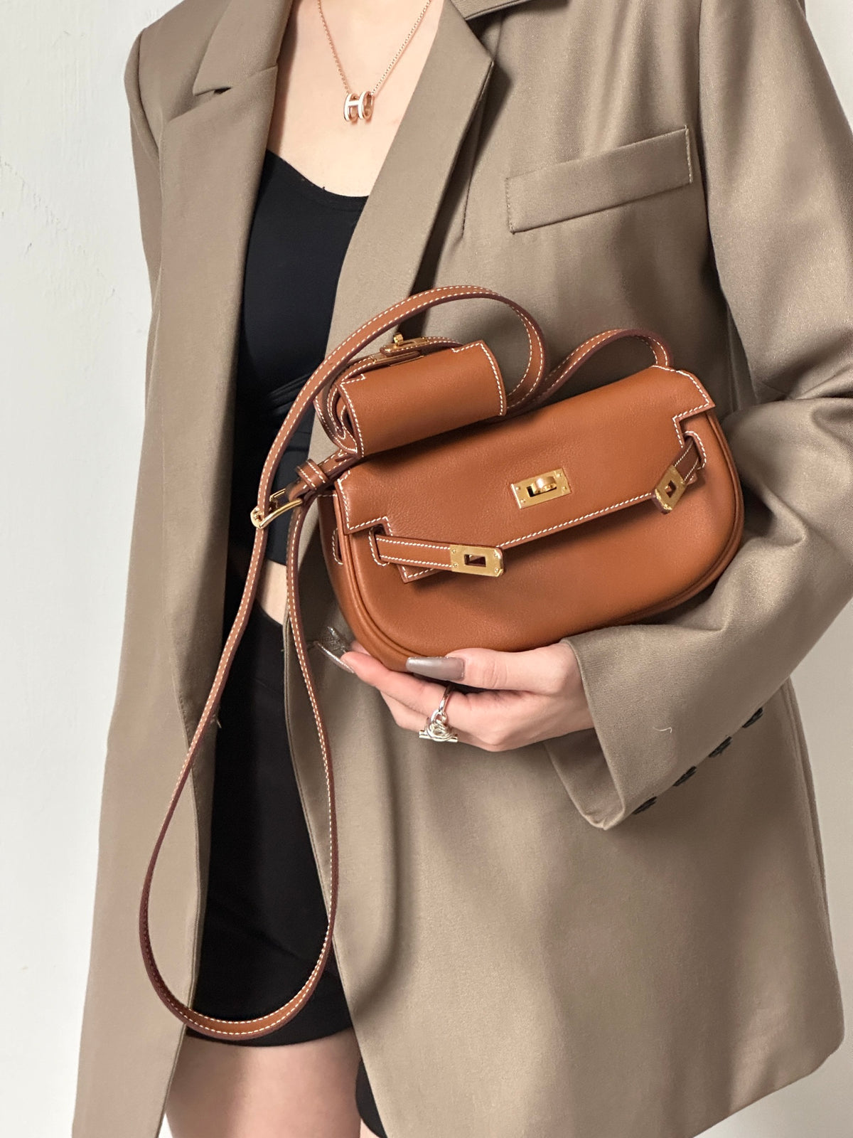 Handmade Swift Leather Crossbody Bag with Mini Pouch – Gold Brown