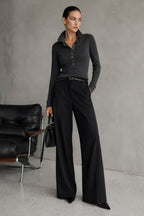 Polo Collar Snap-Button Charcoal Knit Blouse