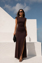 Brown Maxi Ruched Dress with Shoulder Pad and Slit Details