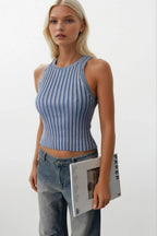 Ribbed Racer Neck Blue Blouse
