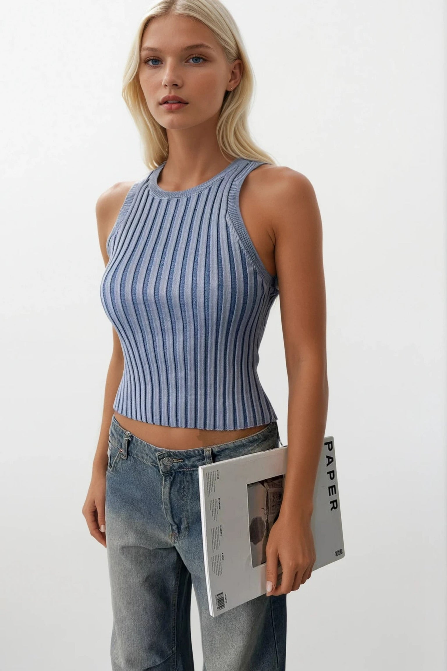 Ribbed Racer Neck Blue Blouse