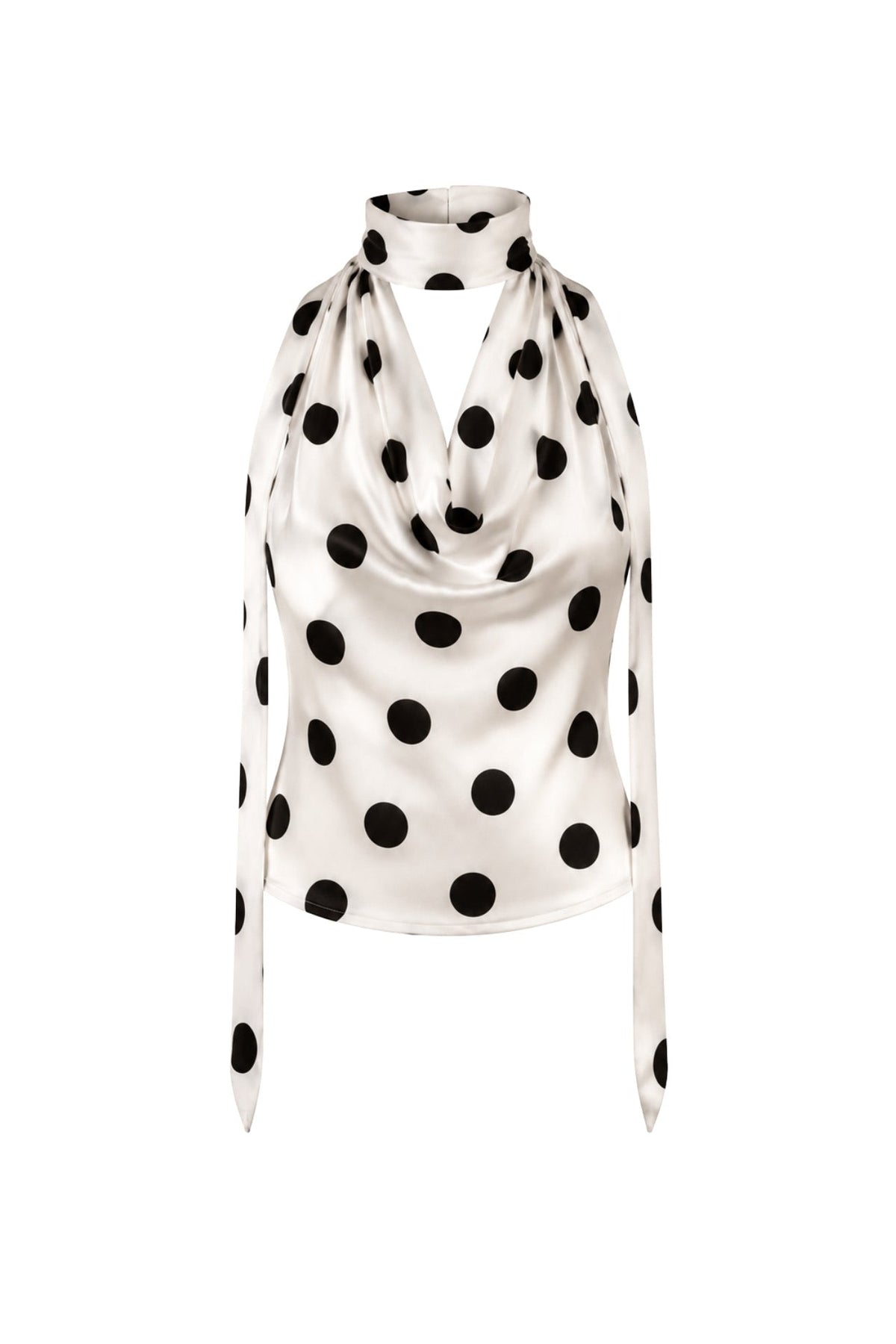 White Polka Dot Drape Neck Blouse with Tie-Neck Detail