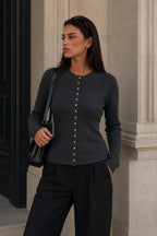 Crew Neck Button Detail Gray Knit Blouse