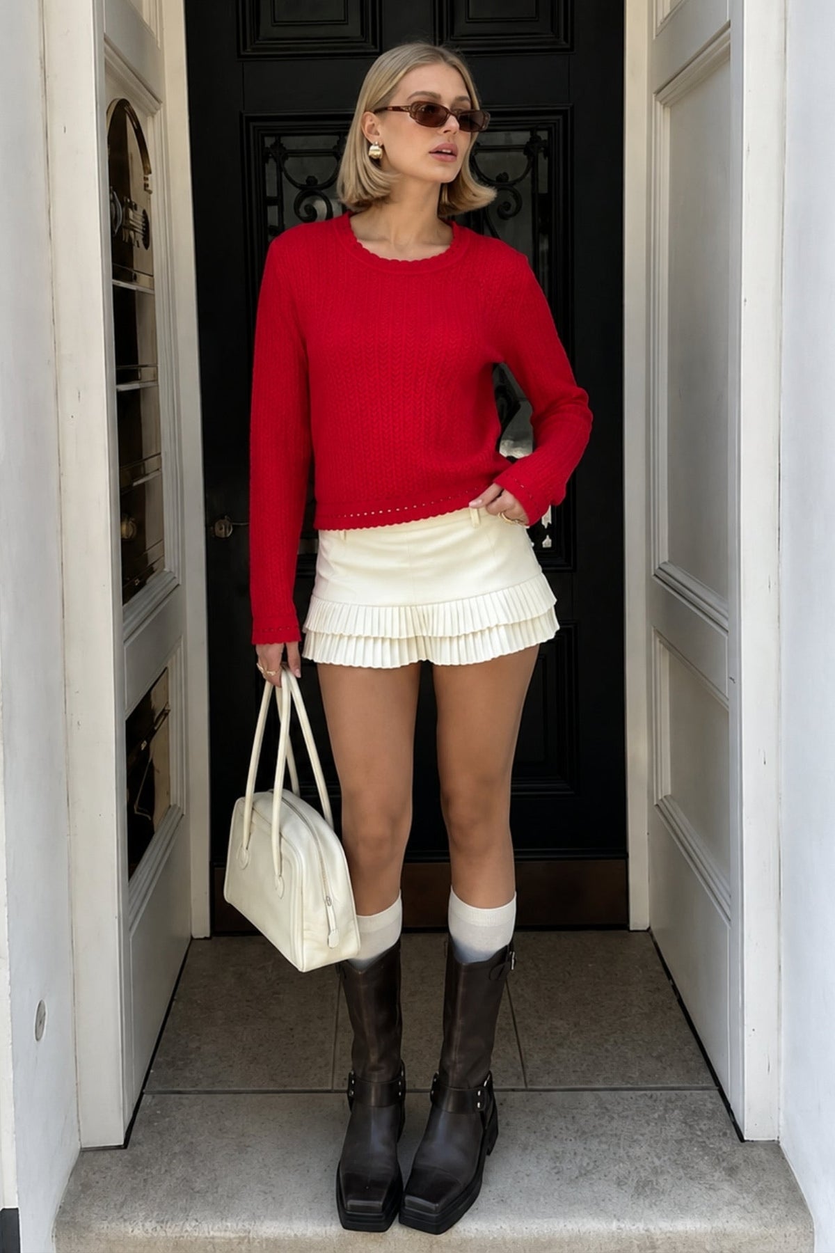 Knit Pattern Long Sleeve Basic Red Textured Blouse