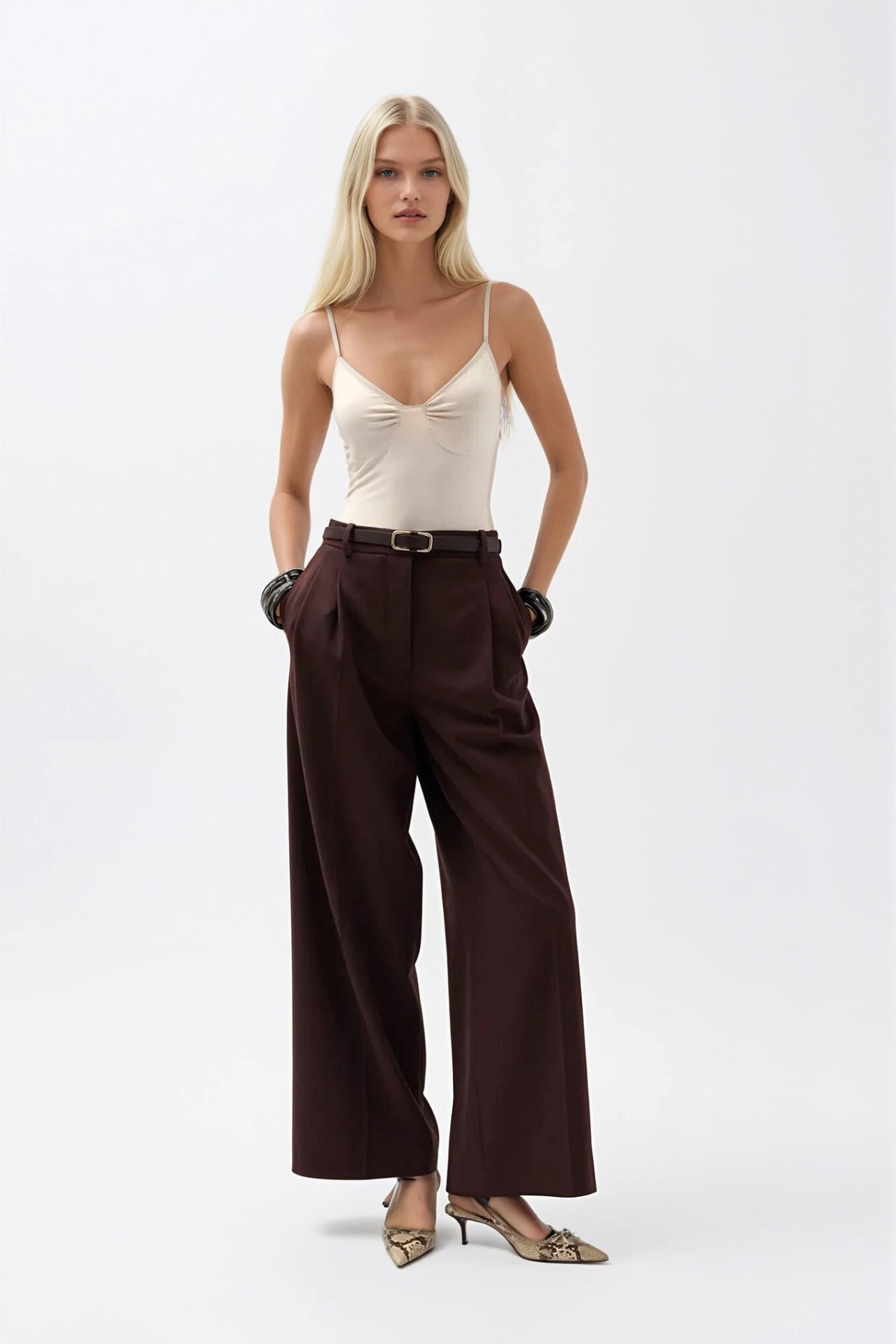 Ruched Front Strappy Beige Bodysuit