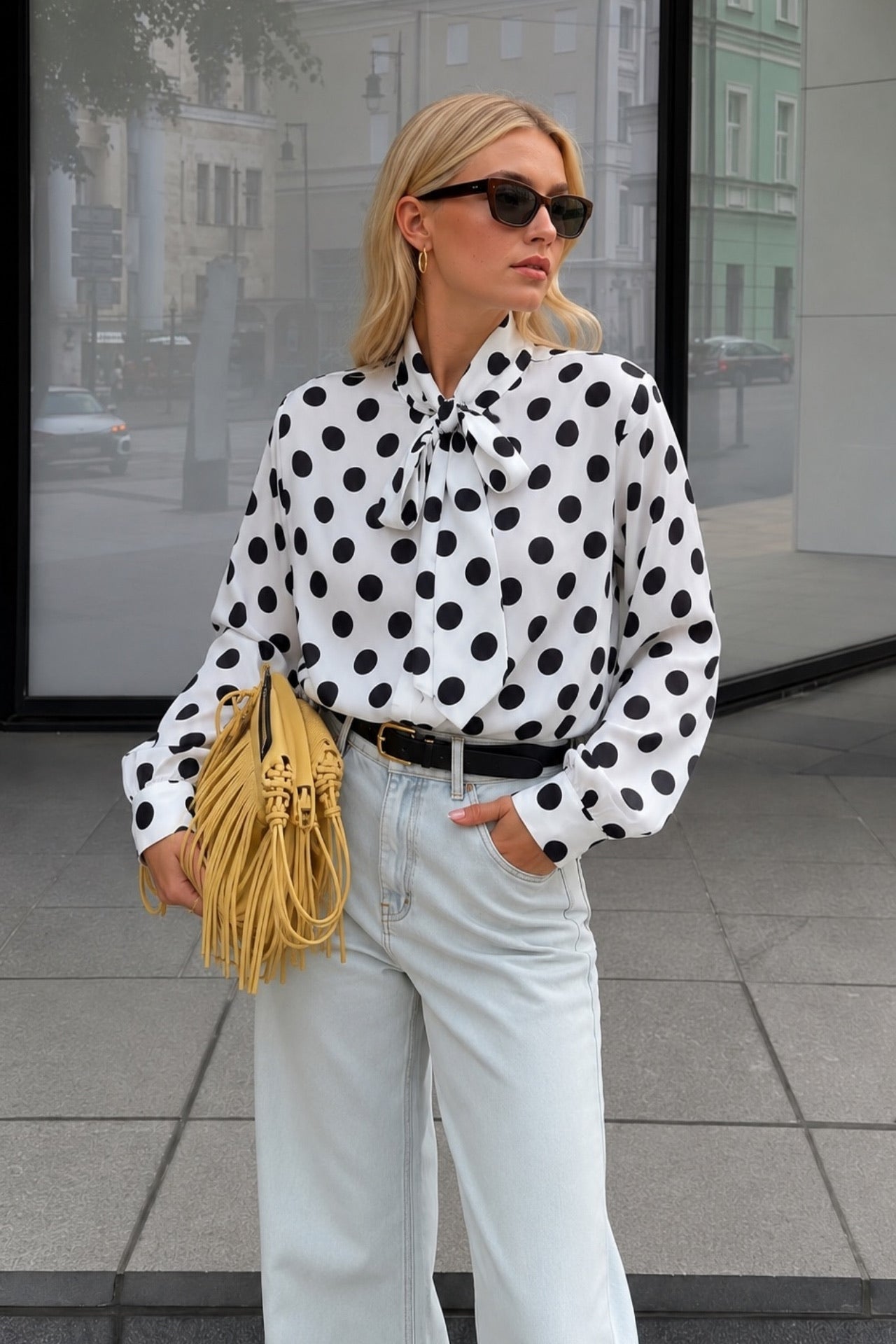 Polka Dot Pattern Scarf Detail White Shirt
