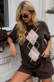 Baklava Pattern Short-Sleeve Textured Brown Blouse