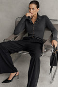 Polo Collar Snap-Button Charcoal Knit Blouse