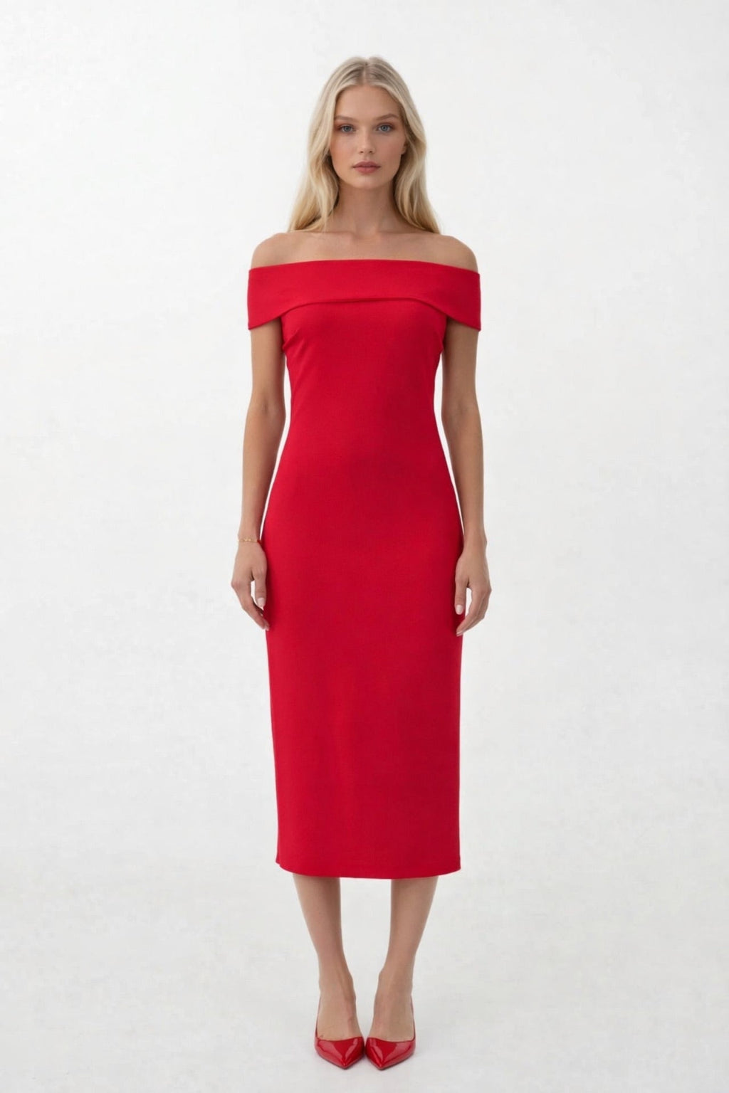Shoulder Fold Detail Maxi Red Dress