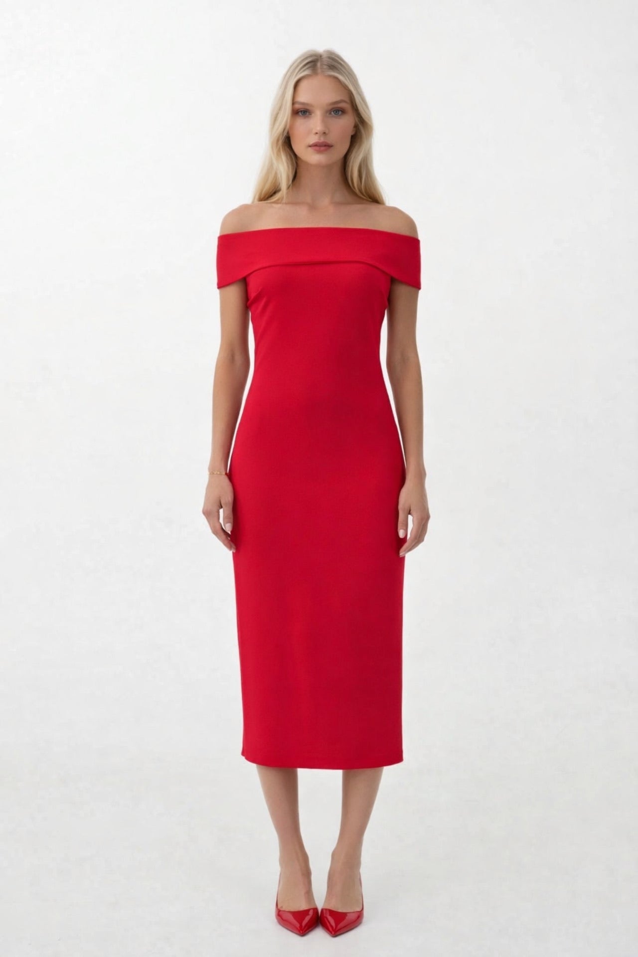 Shoulder Fold Detail Maxi Red Dress