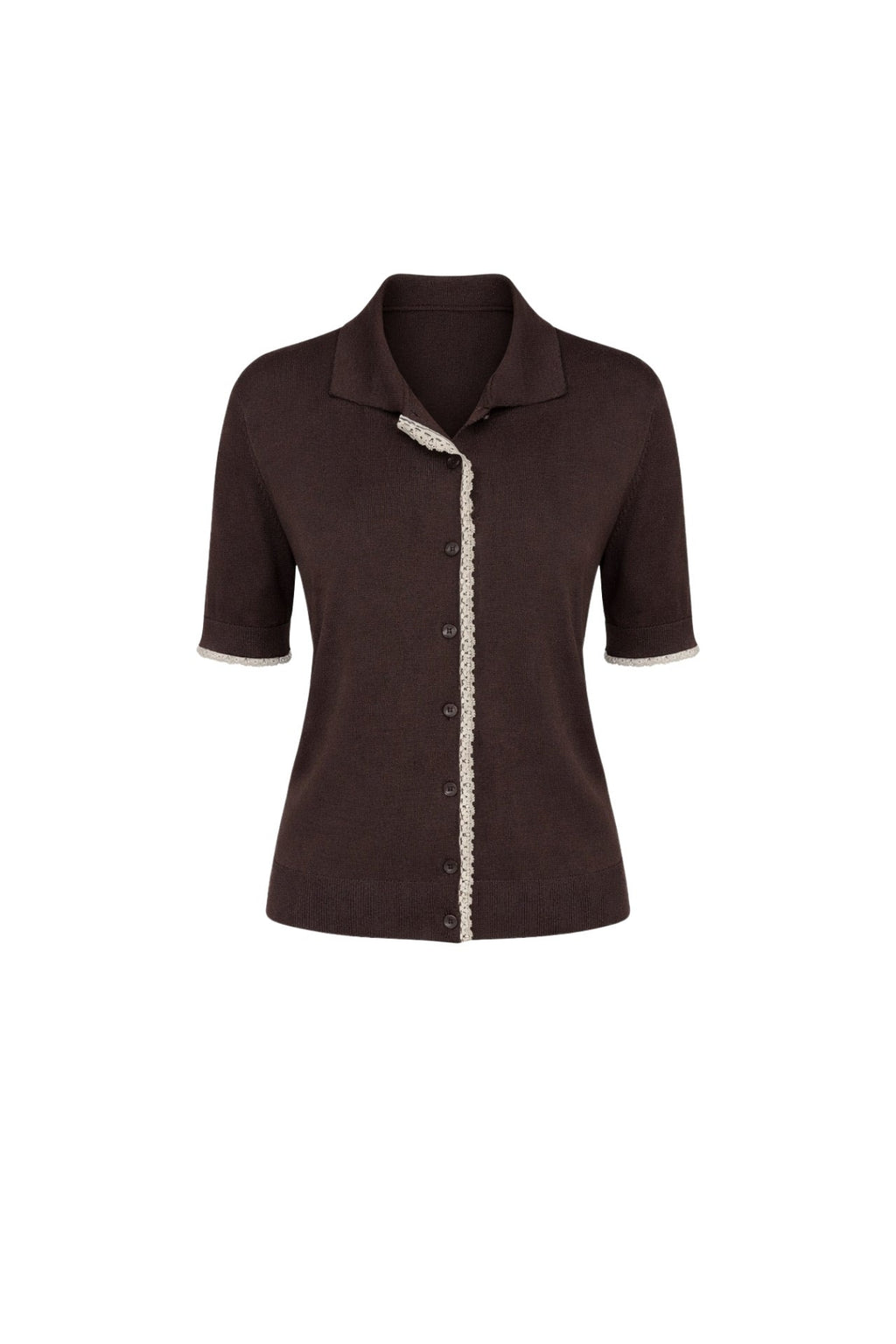 Polo Collar Lace Detail Buttoned Brown Knit Blouse